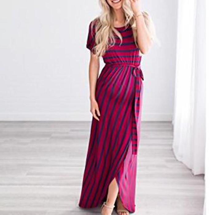 Maternity O-Neck Short Sleeve Stripe Maxi Dress