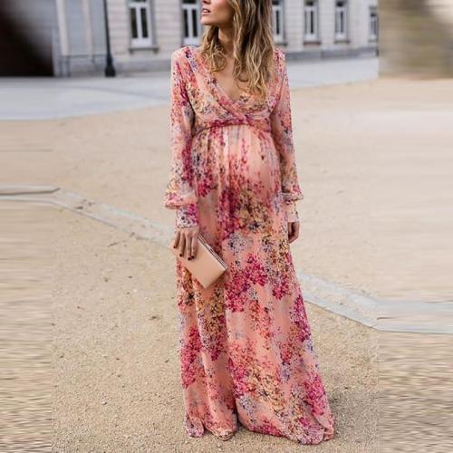Maternity Sweet V-neck pink print long-sleeved ruffled dress