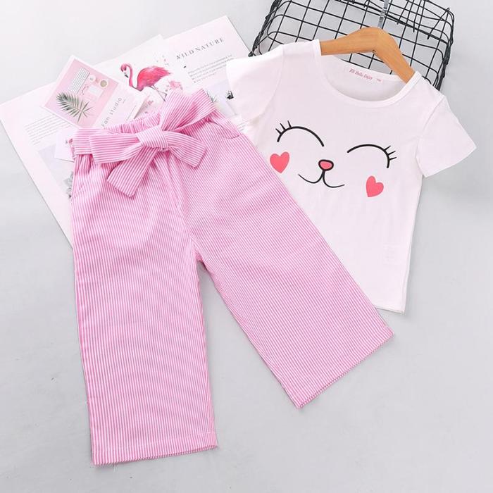 2020 Summer Children's Short-sleeved Set Korean version cartoon top striped trousers two sets