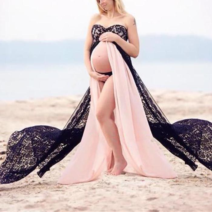 Maternity Lace Sexy Off Shoulder Pure Color Mesh Dress