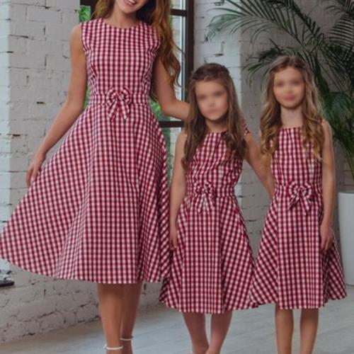 Casual Bowknot Check Round Collar Parent-child Dress