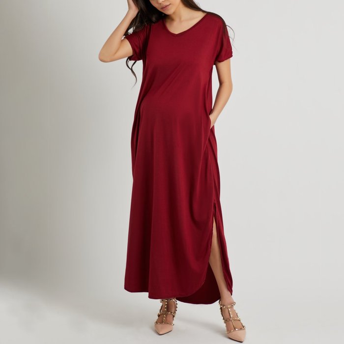 Maternity V-Neck Slit Plain Maxi Dress