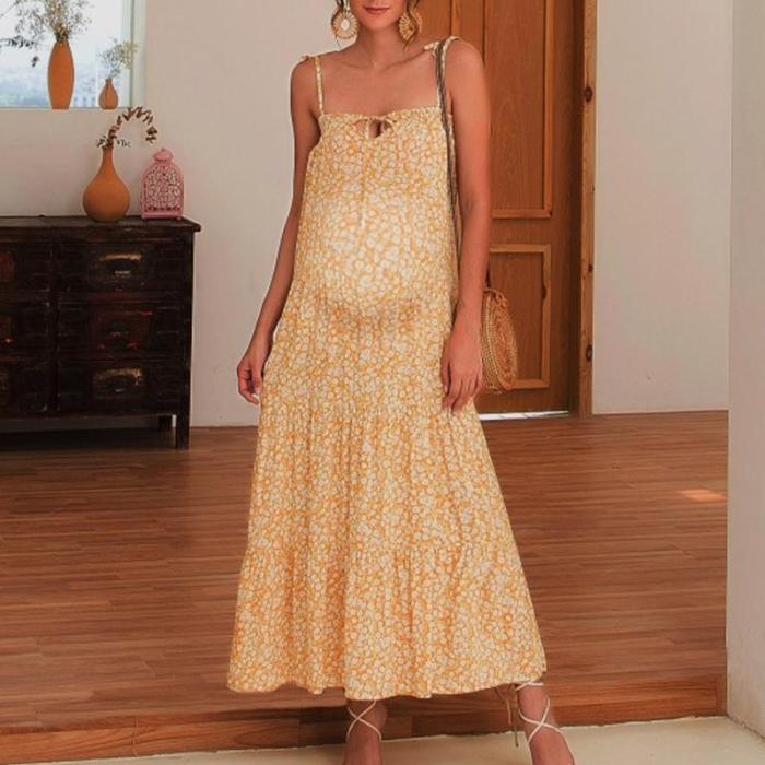 Maternity Casual Floral Printed Spaghetti Strap Dress