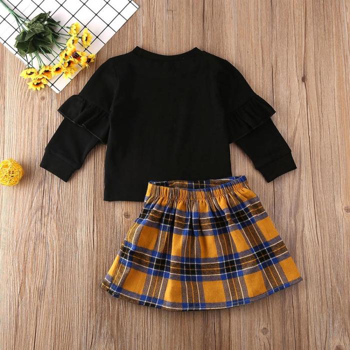 Letter Print Sweatshirt Coat Tops Plaid Skirt Baby Girl  Clothes Set