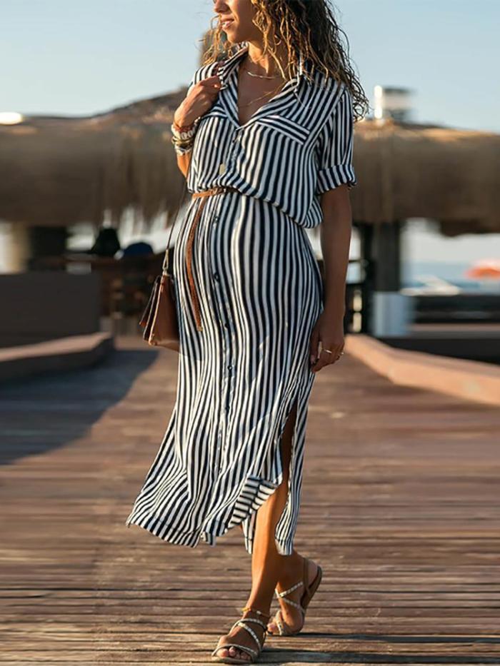 Maternity Casual Striped Long High-Rise Lace-Up Chiffon-Lined Dress