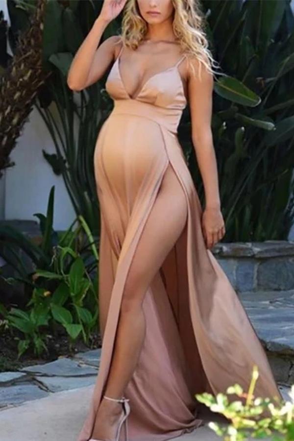 Maternity Sexy Pure Color High Slit Sling  Photoshoot Gowns