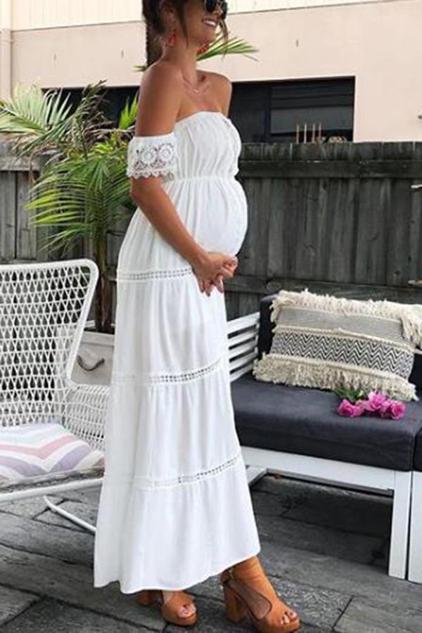 Maternity Hollow Out Lace Off Shoulder Dress