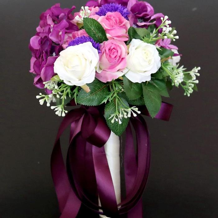 Wedding Bouquet Artificial Silk Rose Peony Flower Bride Bouquet Pink Hydrangea Pompom Bud Vanilla Spike Wedding Supplies