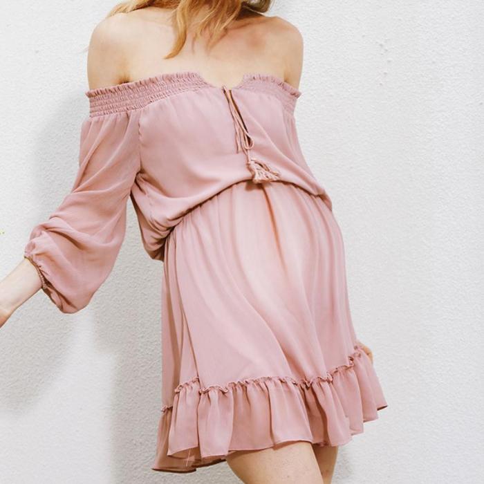 Maternity Off The Shoulder  Ruffle Loose Casual Dress