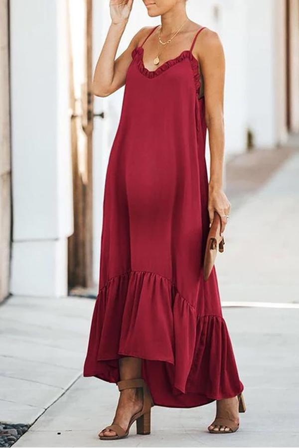 Maternity Casual Sling Solid Color Ruffled Irregular Long Dress