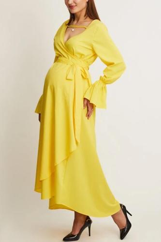 Maternity A Waist V Collar Yellow Irregular Swagger Dress