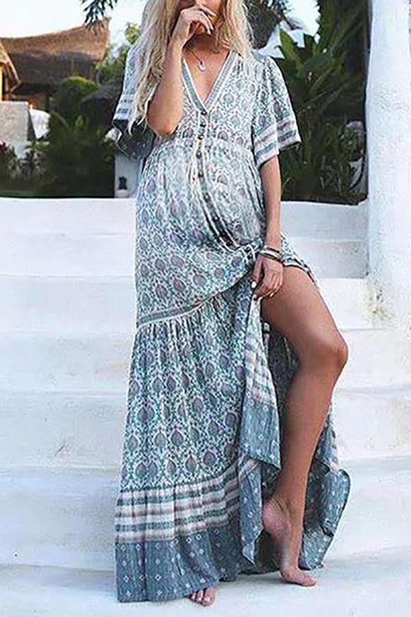 Maternity Casual Printed V Neck Dress