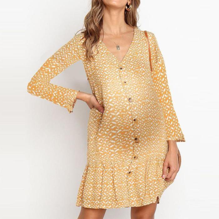 Maternity Fashion v-neck polka dot long-sleeved ruffled dress