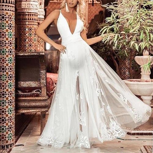 Maternity Fashion Deep V-Neck Backless Lace See Through Maxi Dress