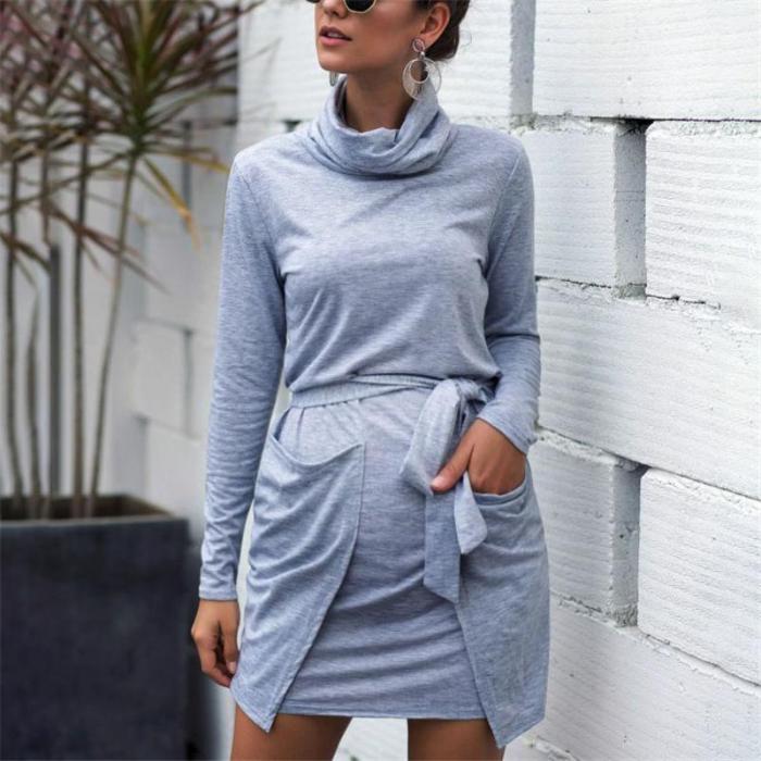 Maternity Solid Color Pile Collar Long Sleeve Casual Dress