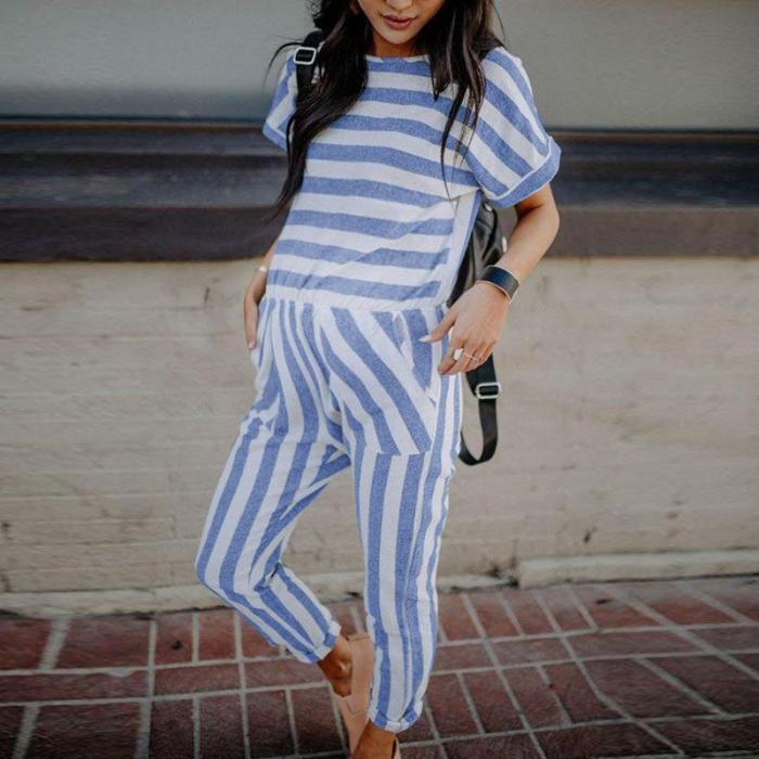 Maternity Casual Striped Short Sleeve Jumpsuit