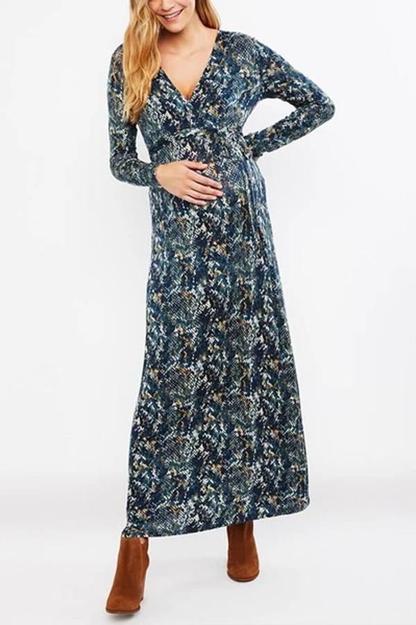 Maternity Modest V Neck Printed Colour Long Dress