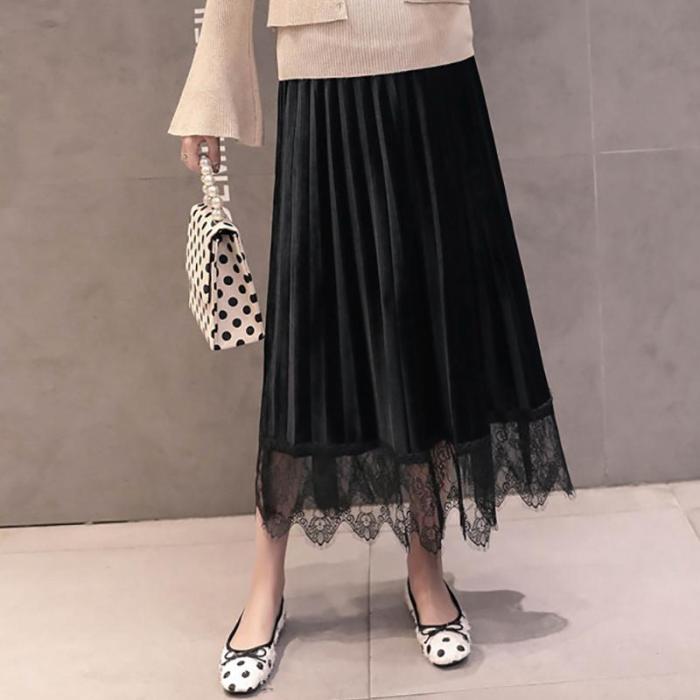 Maternity velvet pleated stitching lace long skirt