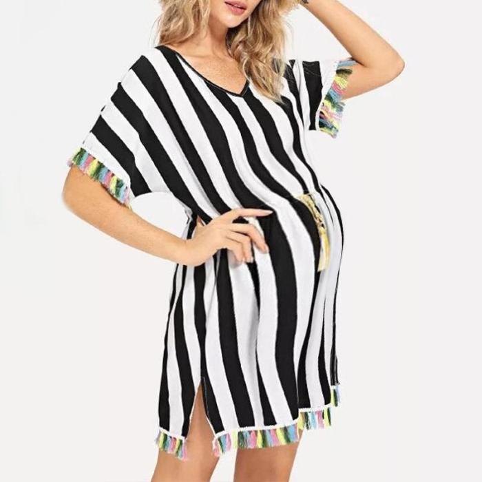 Maternity V-Neck Stripe Tassel Loose Casual Above Dress