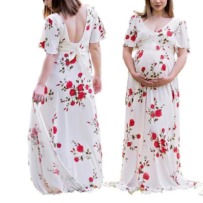 Maternity Floral Print Half Sleeve Floor Length  Photoshoot Gowns