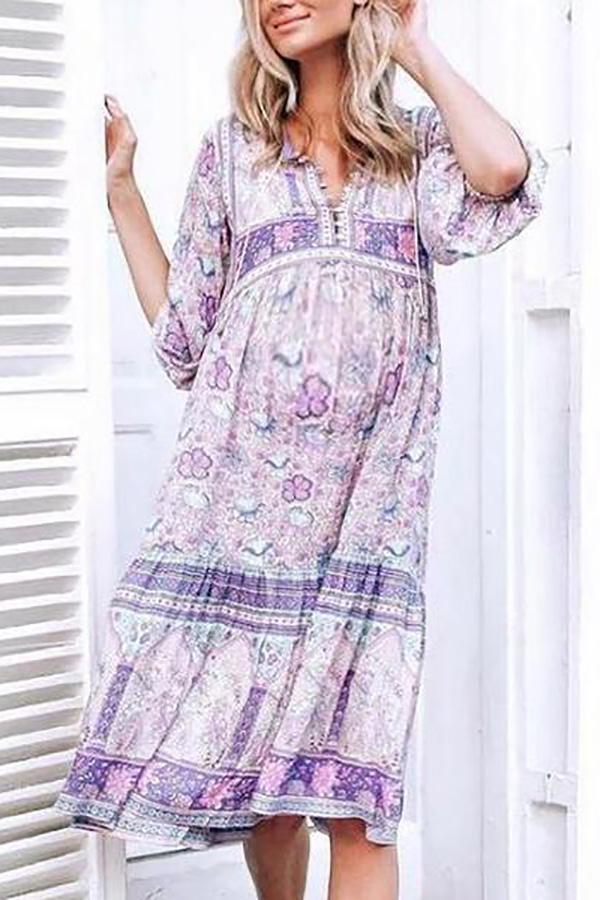 Maternity Casual V Neck Long Sleeve Printed Colour Loose Dress