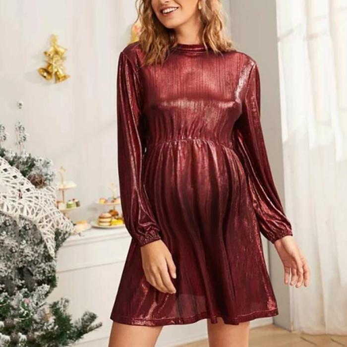 Maternity Christmas Round Neck Solid Color Dress