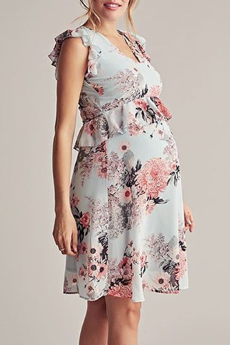 Floral Pattern Ruffle Strap Maternity Dress