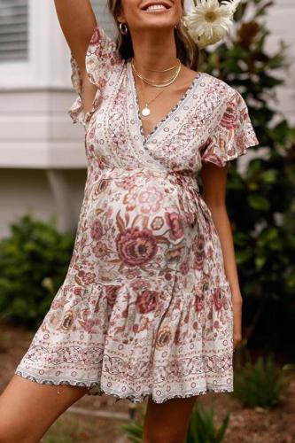 Maternity V-Neck Ruffle Sleeve Dress