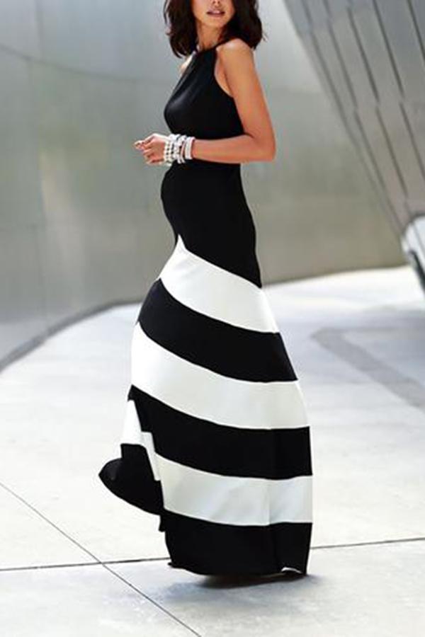 Maternity Black And White Striped Stitching Dress