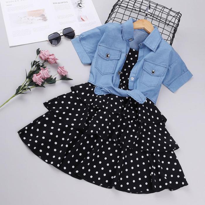 2020 girls spring and summer wear new sling wave spot skirt denim shawl two sets