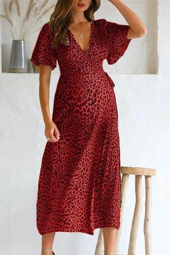 Maternity V Neck Leopard Print Lace-Up Dress