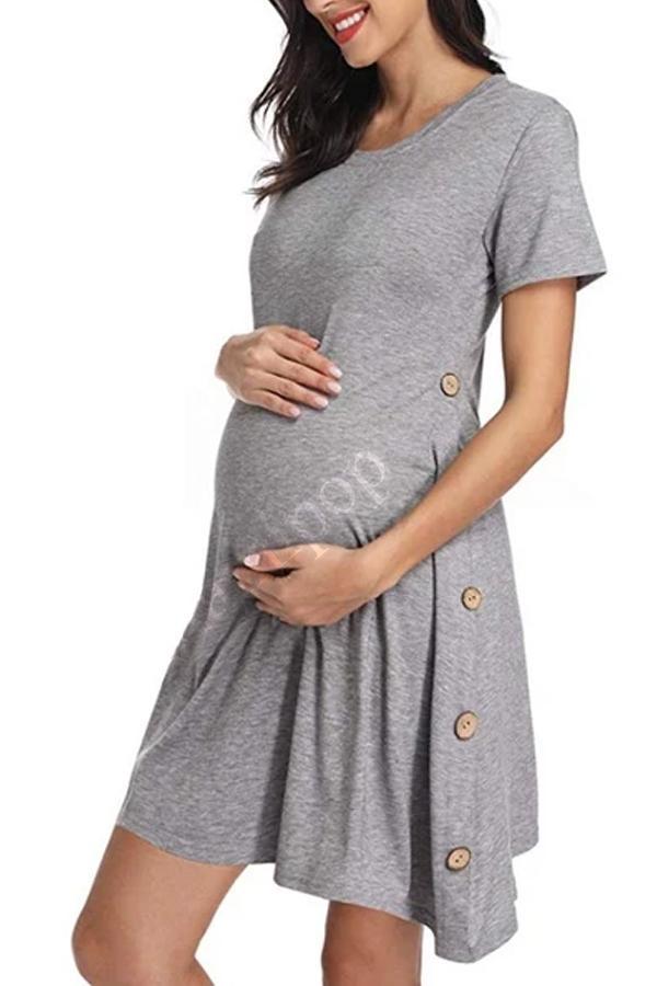 New Pregnant Women' Short Sleeve Button Solid Color Dress