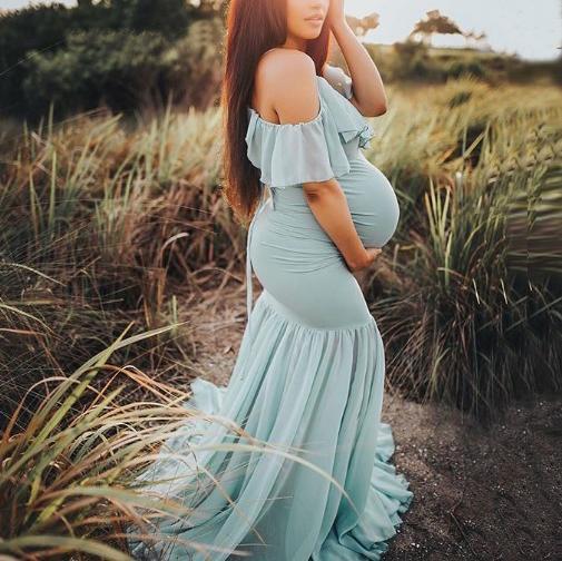 Maternity Blue Off Shoulder Floor-Length Summer Dress