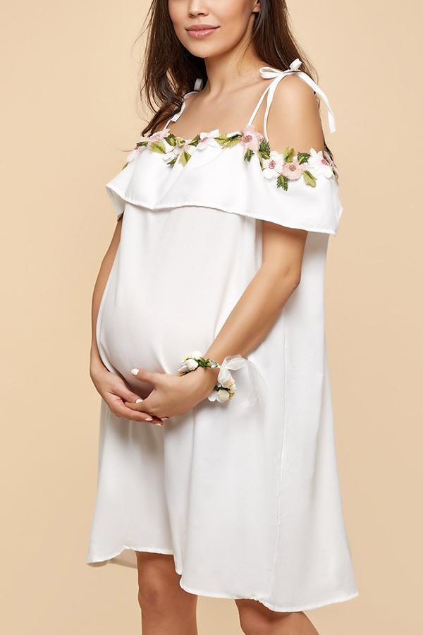 Maternity Mom Girl Flower Decorated Matching Dress