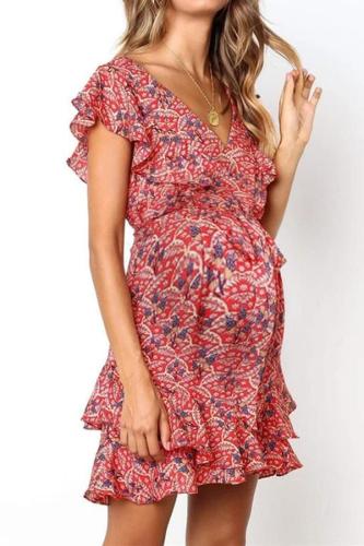 Maternity Sweet V-Neck Printed Color Ruffled Ruched Dress