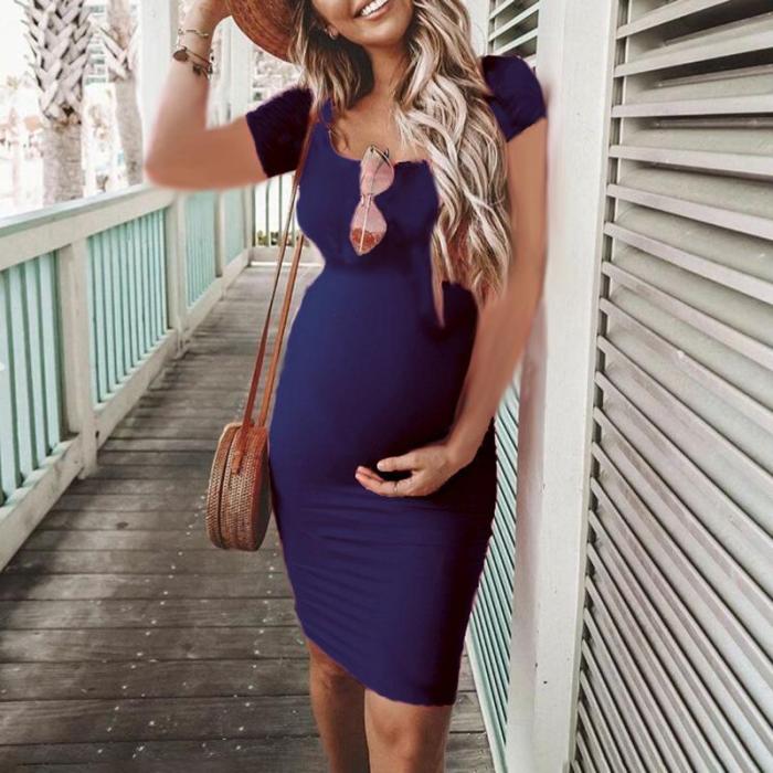 Maternity Casual Round Neck Short Sleeve Pure Colour Dress