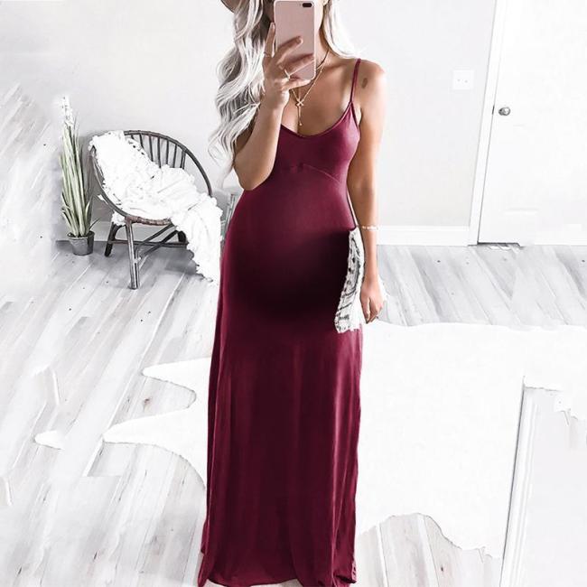 Maternity Casual Deep V-Neck Sleeveless Pure Color Tight Dress