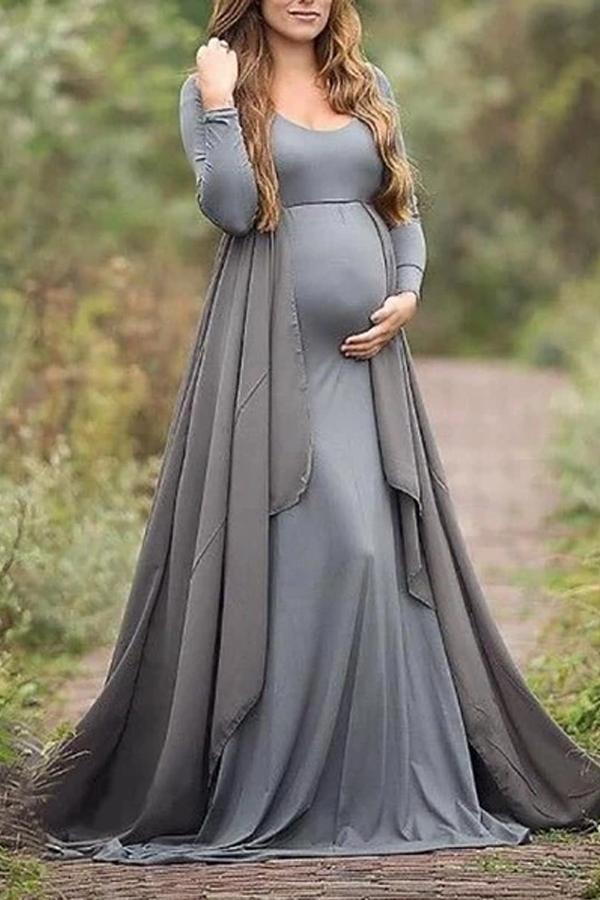 Fashion Solid Color Round Neck Long Sleeve Maternity Dress