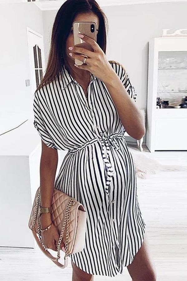 Maternity Fashion Striped Fold Over Collar Single-Breasted Dress