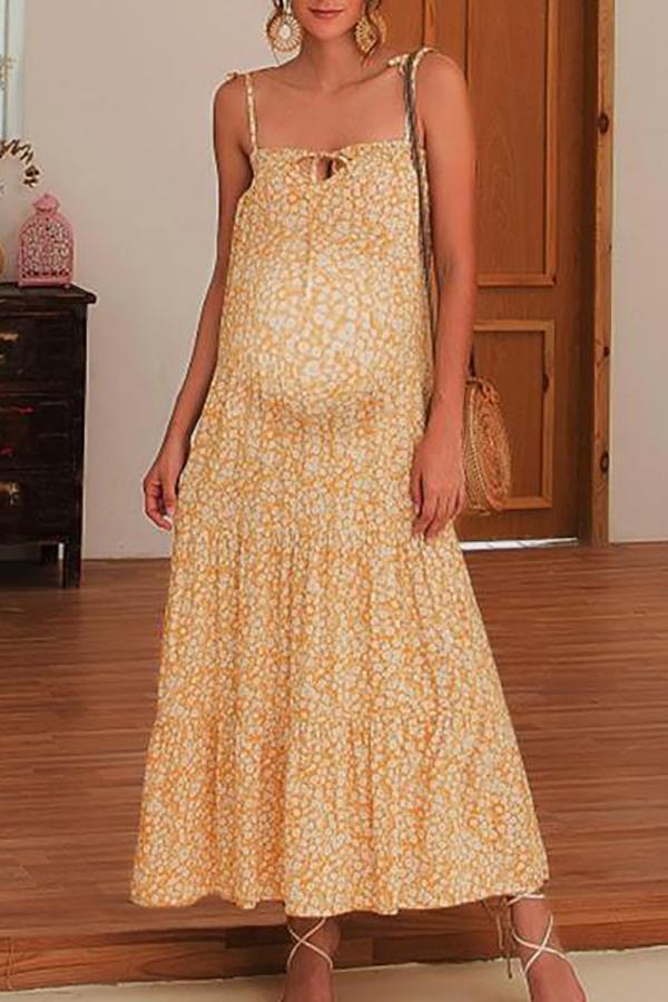Maternity Casual Floral Printed Spaghetti Strap Dress