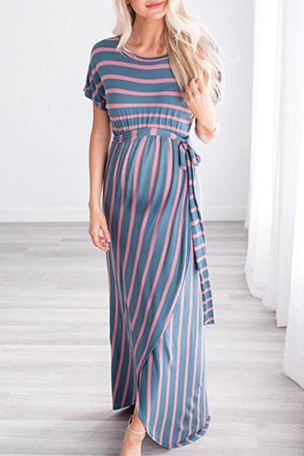 Maternity O-Neck Short Sleeve Stripe Maxi Dress