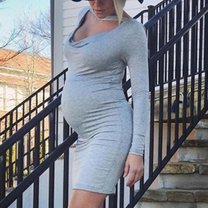 Maternity Casual Pure Color Long Sleeve Dress