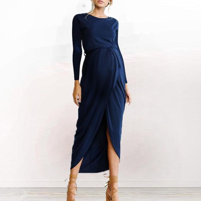 Maternity Casual Solid Color Round Neck Long Sleeve Dress