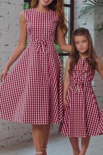 Casual Bowknot Check Round Collar Parent-child Dress