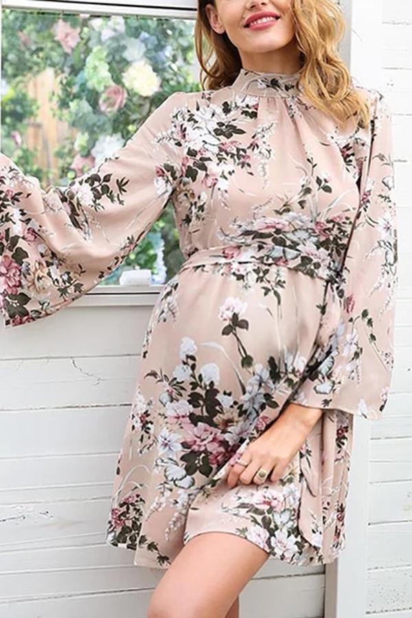 Maternity Sweet trumpet sleeve printed chiffon halter a-line dress