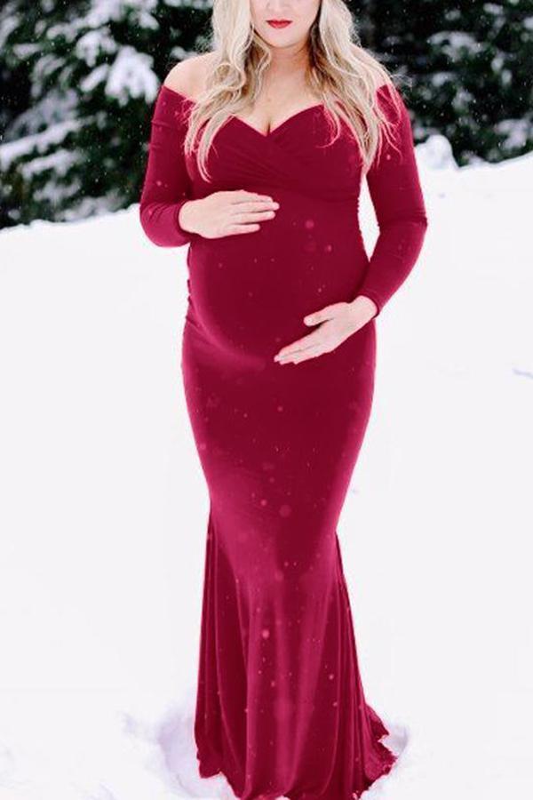 Maternity Off Shoulder Surplice Wrap Full Length Dress