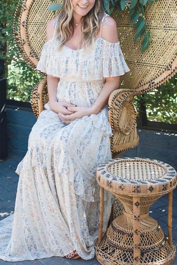 Fashion sling ruffled print maternity dress