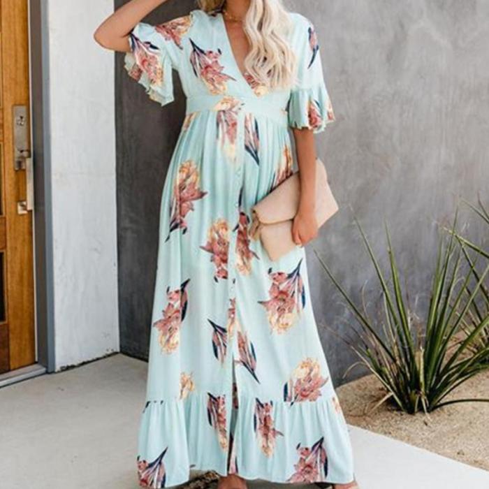 Maternity V-Neck Long Dress With Short Sleeves, Buckle And Flounce