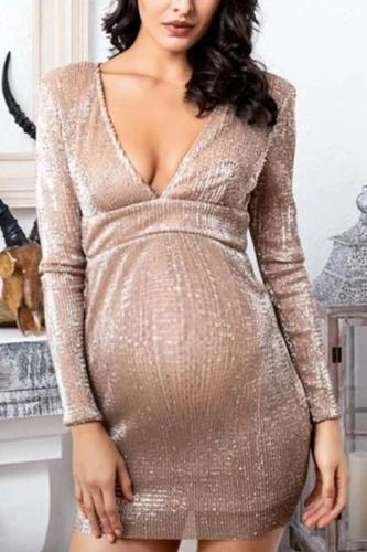 Maternity chic solid color V-neck sequined dress