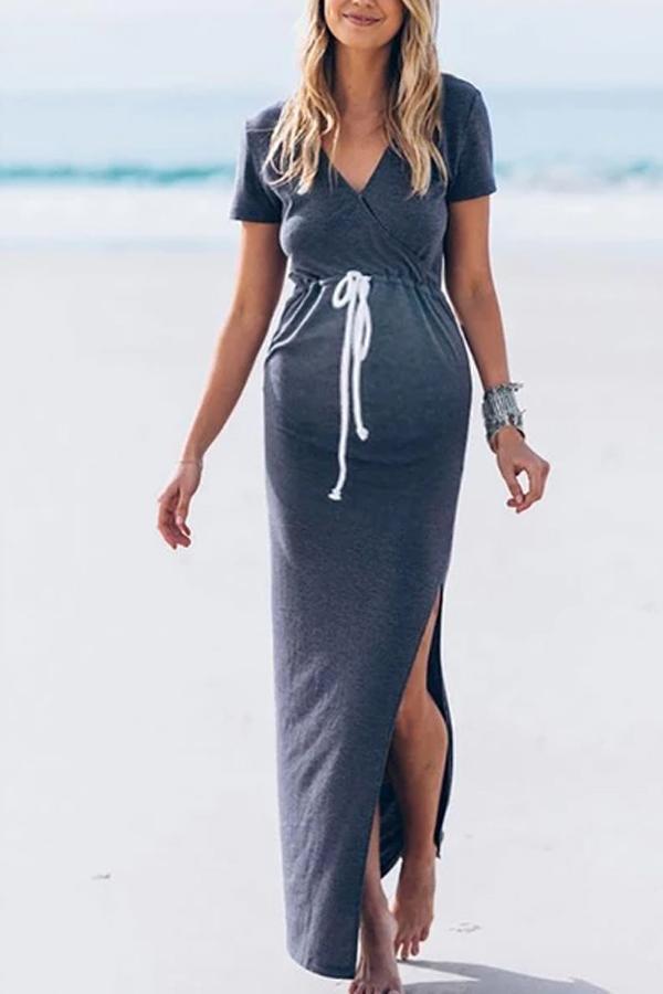 Maternity Casual Short-Sleeved Waist Slit Pencil Dress